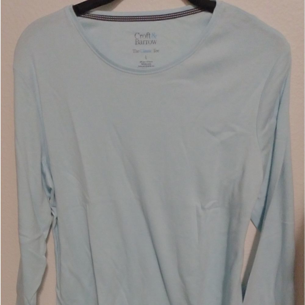 Croft And Barrow Womens  blue Cotton Boat Neck 3/4 Sleeve Basic Top Size large